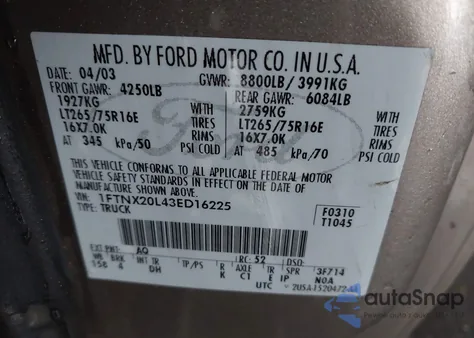 2003 Ford F-250 Lariat/Xl/Xlt from USA, damaged, VIN 1FTNX20L43ED16225